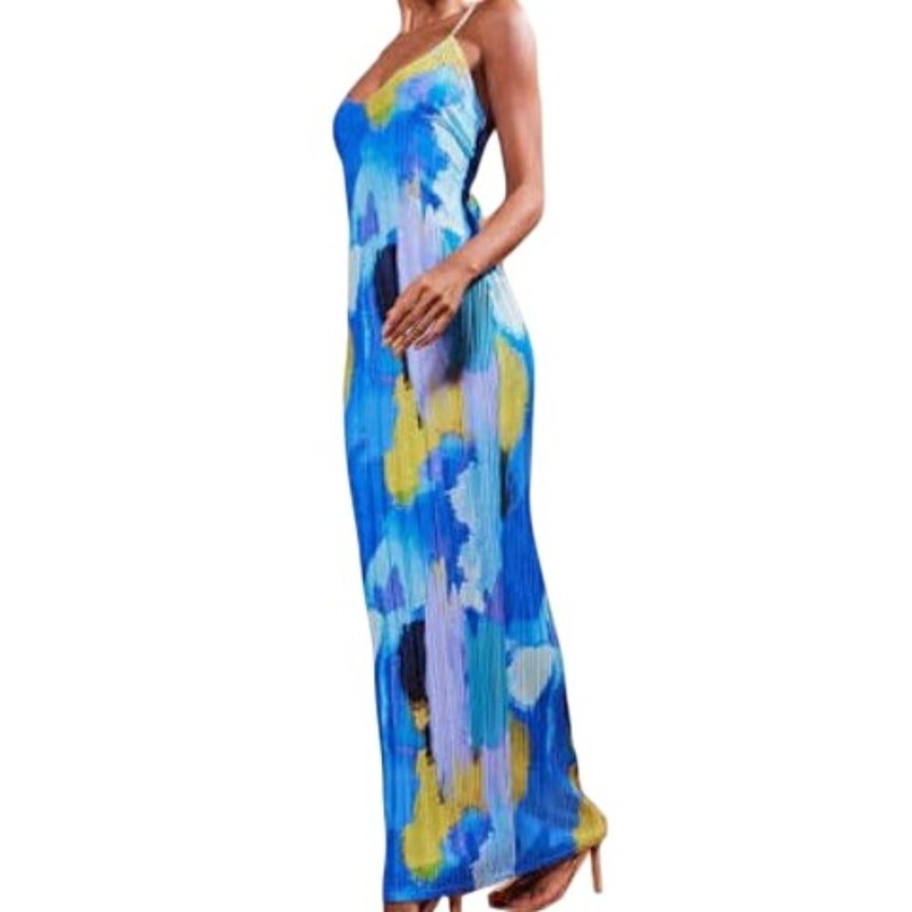 PrettyLittleThing Blue Print Pleated Low Back Strappy Maxi Dress Size 12